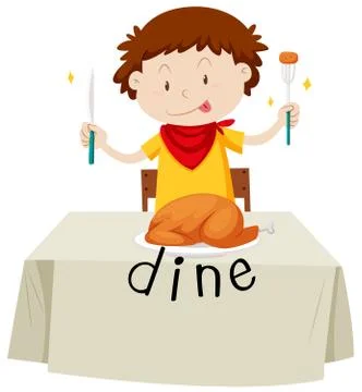 Boy eating chicken for dinner Stock Illustration