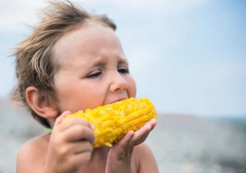 Boy eating corn on the beach Stock Photos