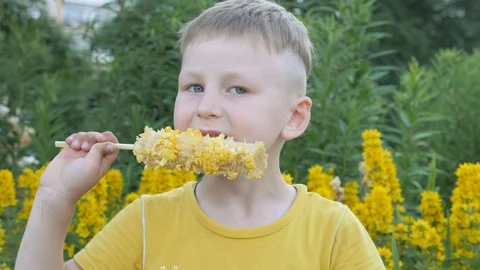 Boy is eating corn cobs. child in a yellow T-shirt on a background of yellow Stock Footage 91262761
