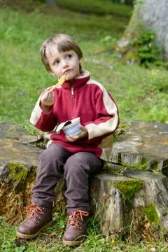 Boy eating in forest Stock Photos