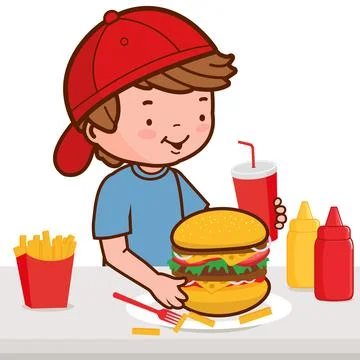 Boy eating a hamburger at a restaurant. Vector illustration. Stock Illustration