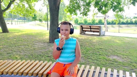 Boy Eating Ice Cream Sitting on Bench in Park Stock-Footage 342589343