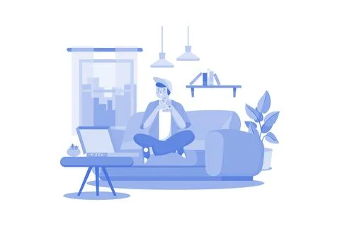 Boy Eating Pizza On Sofa Ilustração Stock