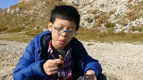 Boy eating a sausage Stock Footage 70629975