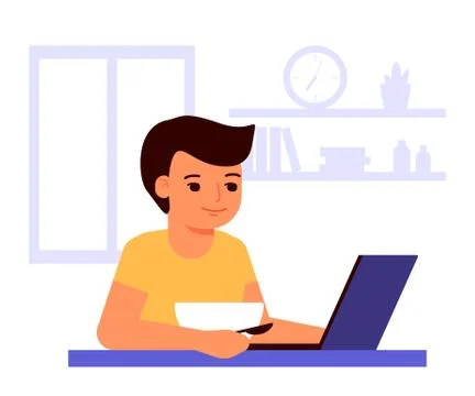 Boy eats and looks at laptop. Food and using laptop. Stay at home. Internet a Illustrazione stock