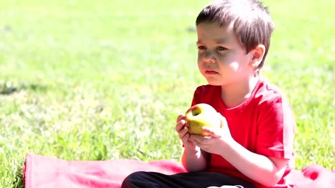 A boy eats an Apple on the street. Snack on a walk for a child. Baby food Stock Footage 141003775