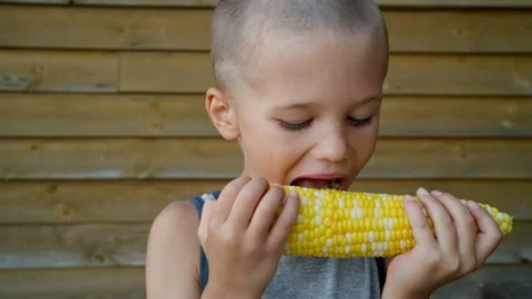 A boy eats a boiled corn cob, taken in close-up. Stock Footage 247417782