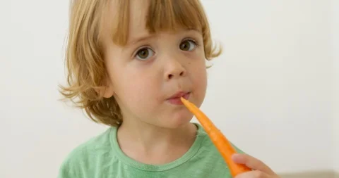 Boy eats carrot Isolated studio portrait Stock Footage 112861430