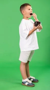 Boy eats cherries, summer plot Stock Photos