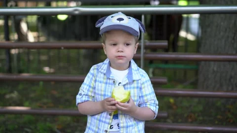 Boy eats a green apple Stock Footage 133438898