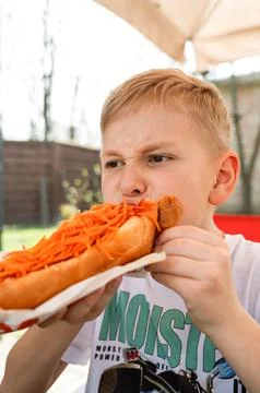 A boy eats a hotdog at a table in a cafe in a spring park Stock Photos