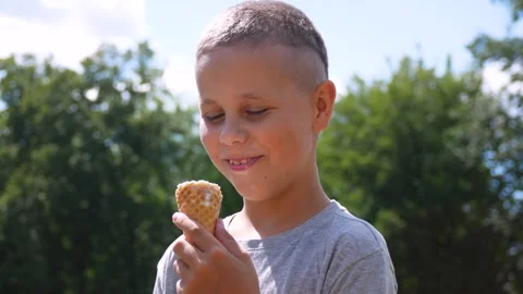 A boy eats an ice cream cone in the park Stock Footage 247464072