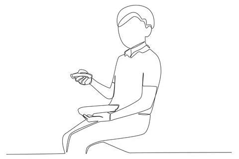 A boy eats lunch at school one line drawing Stock Illustration