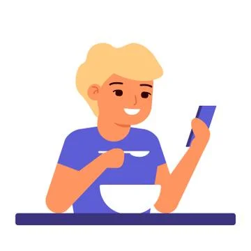 Boy eats with phone in his hands. Eating and browsing smartphone. Telephone Stock Illustration