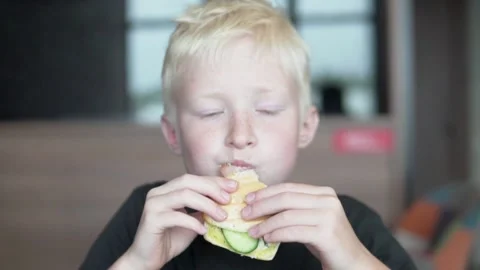 A boy eats a sandwich with a branch and cheese in a cafe Stock Footage 156475314