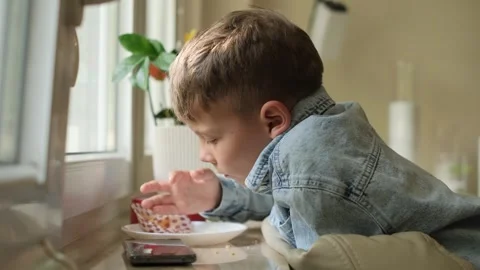 A boy eats a sandwich or a bun and looks at the phone. 스톡 동영상 264480988