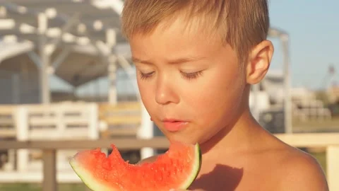 Boy eats watermelon on the sea Stock Footage 120026832