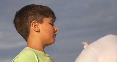 The boy eats white sweet cotton Stock Footage 91602203