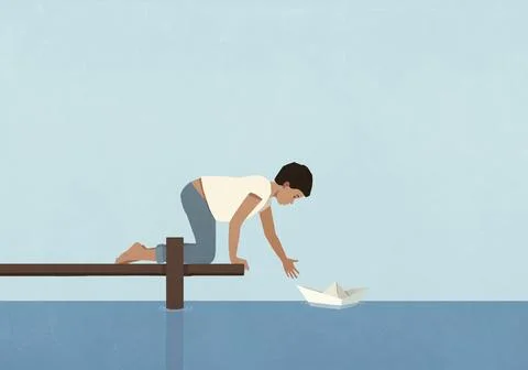 Boy at edge of dock floating paper boat on water Stock Illustration