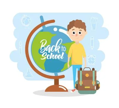 Boy with education global map with backpack Stock Illustration