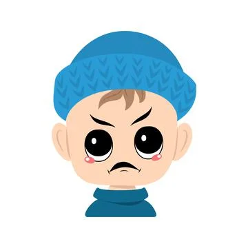 Boy with emotions panic, surprised face, shocked eyes in blue knitted hat Stock Illustration