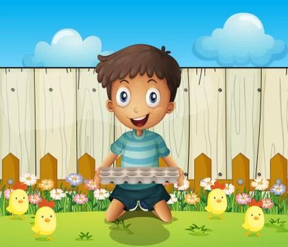 A boy with an empty egg tray and the little chicks Stock Illustration