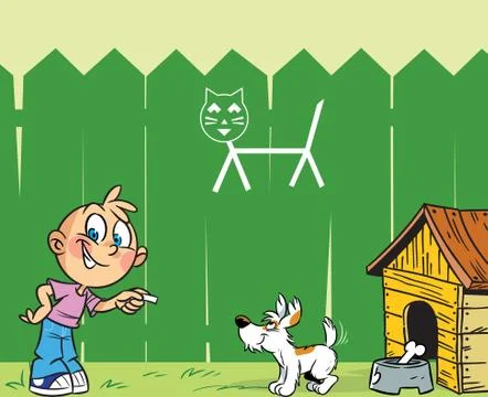 Boy is engaged in training dog in the yard Stock Illustration