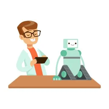 Boy Engineer And Robotics Experiment, Kid Doing Science Research Dreaming Of Stock Illustration