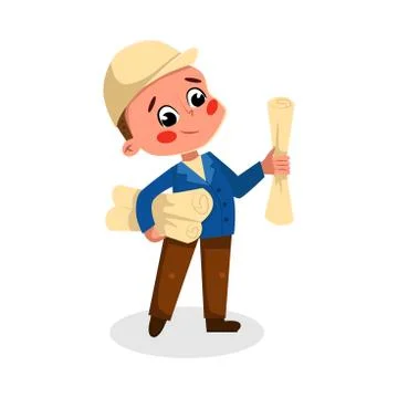 Boy Engineer Character in Hard Hat with Blueprints, Kids Hobby or Future 스톡 일러스트