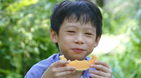Boy enjoy eating melon in park Stock Footage 56868445
