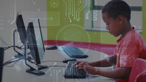 Boy entering school lab, touching keyboard and activating HUD overlays on Stock Footage 316191214