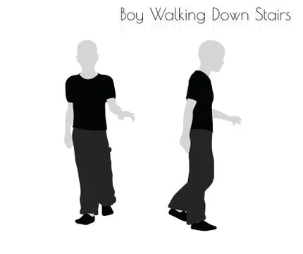 Boy in Everyday Walking Down Stairs pose on white background Stock Illustration