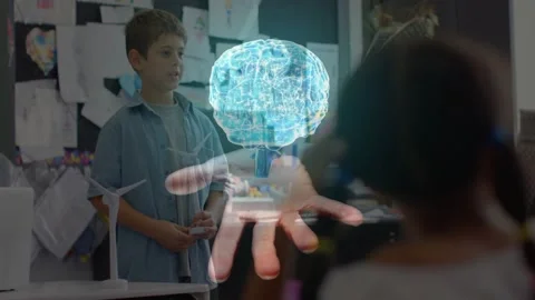Boy explaining brain in class, 3D brain appearing rotating fading above hand as Stock Footage 328229592