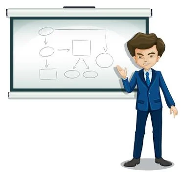 A boy explaining the diagram in the bulletin board Ilustración de archivo