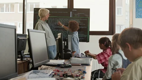 Boy Explaining Information on Interactive Screen to Classmates and Teacher Stock Footage 316479869