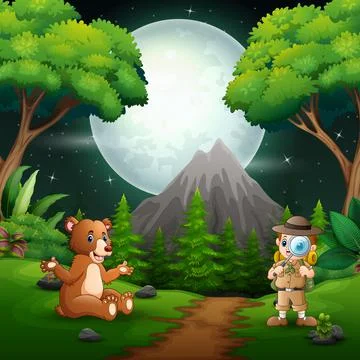 Boy explorer with a bear in the night scene Stock Illustration