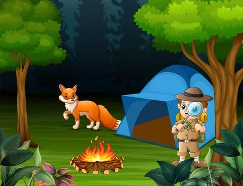 Boy explorer camping in the forest and a fox near the tent Stock Illustration