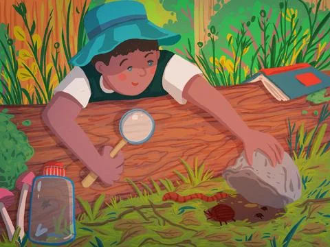 The boy explores the forest flora and fauna. Stock Illustration