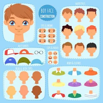 Boy face constructor vector kids character and guy avatar creation with head Stock Illustration