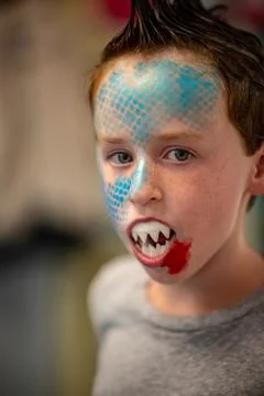 Boy with face painted like a shark Stock Photos