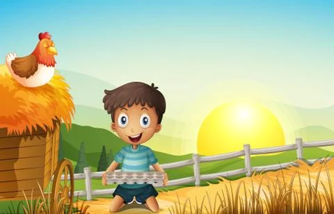 A boy in the farm holding an empty egg tray Stock Illustration