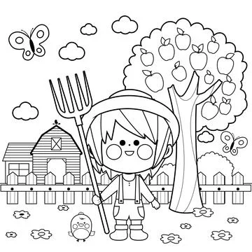 Boy at the farm. Vector black and white coloring page. Stock Illustration