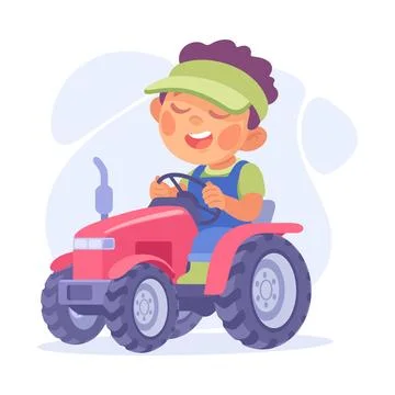 Boy Farmer Worker Ride Tractor as Child Profession Vector Illustration Stock Illustration