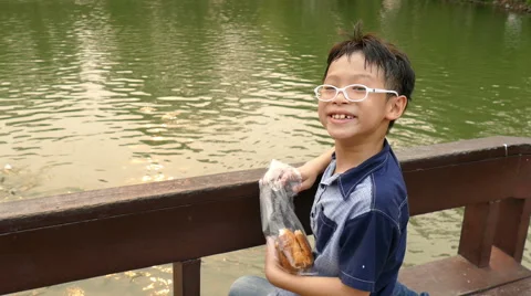 Boy feeding fish in the pond. Stock Footage 63973199
