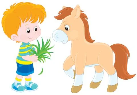 Boy feeds a pony Stock Illustration