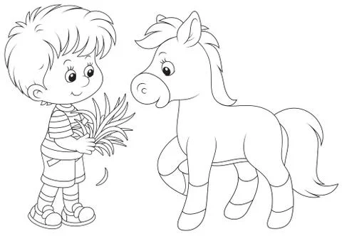 Boy feeds a pony Stock Illustration