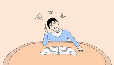 Boy is feeling dizzy when looking at a book Stock Illustration