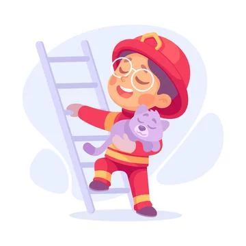 Boy Firefighter Climb Ladder Save Cat as Child Profession Vector Illustration Stock Illustration