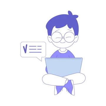 Boy First Grader in Glasses Sitting with Tablet Having Online Lesson Vector Stock Illustration