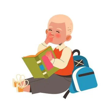 Boy First Grader Sitting with Backpack and Book Giggling Vector Illustration Stock Illustration